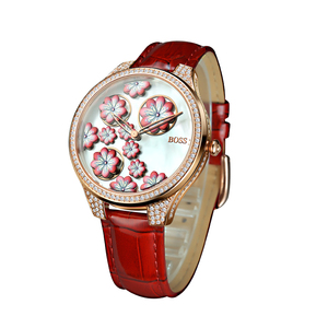 BOSS品牌手表  3D立体旋转花朵优质真皮表带镶石表壳石英女式手表